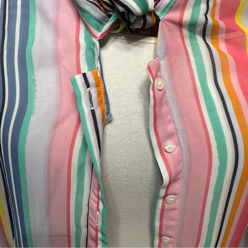 New York & Company Rainbow Sheer Vertical Stripes Tie-Neck Blouse | Size XL - Picture 9 of 16